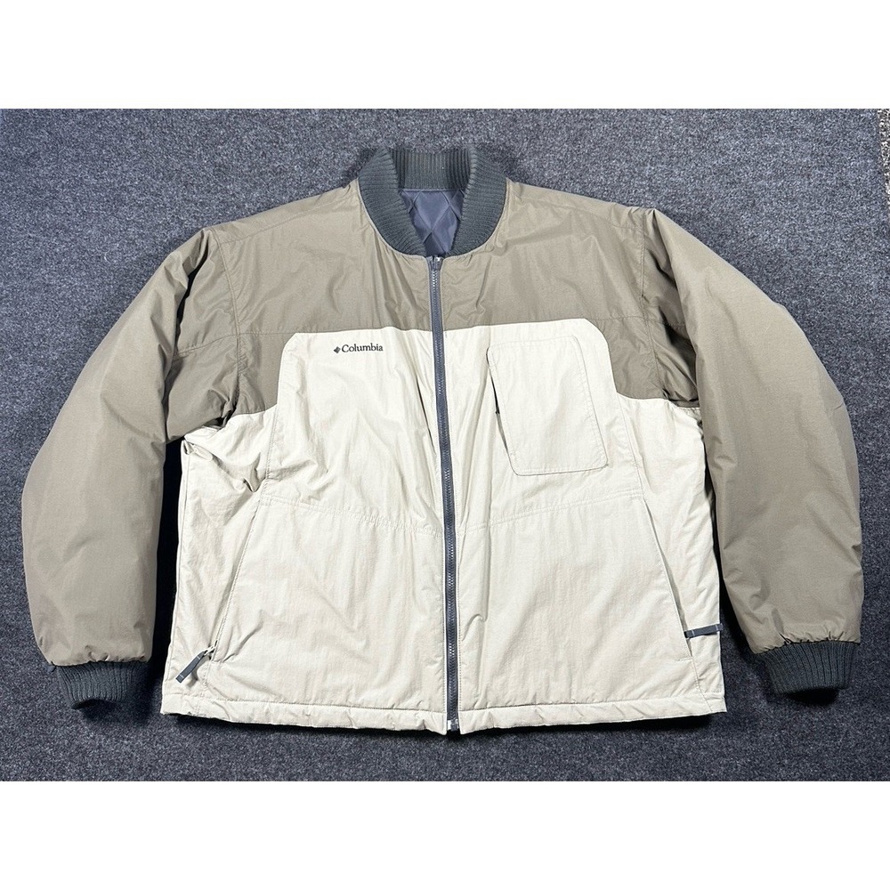 Columbia Reversible Quilted Puffer Jacket Mens XL Khaki Navy Blue Outdoor Nylon